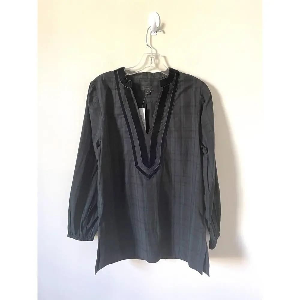 J. Crew Plaid Velvet Christmas Tunic Blouse Green Navy Blue Size Small NEW